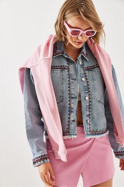 Bianco Lucci Gestickte Damen-Jeansjacke mit Quastenrock – 2406 60251787