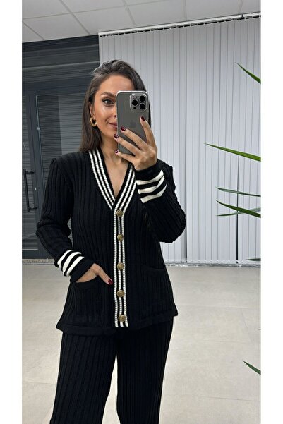 Lusin Black Women's Knitwear Set - Bottom and Top Set, Gold Button Detailed Cardigan and Trousers