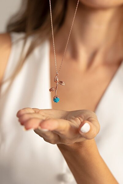 Eva Jewelry Gül Motifli Mavi Taşlı 14 K Rose Gold Kaplama Kadın Kolye