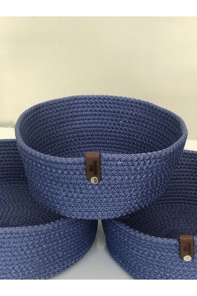 MADAM Set de 3 coșuri albastre - iută, tricotate, decorative și frânghie din răchită