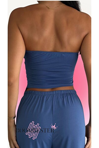 BoomBester Sandy Fabric - Μπλε Ασύμμετρη Στράπλες Γυναικεία Crop Μπλούζα