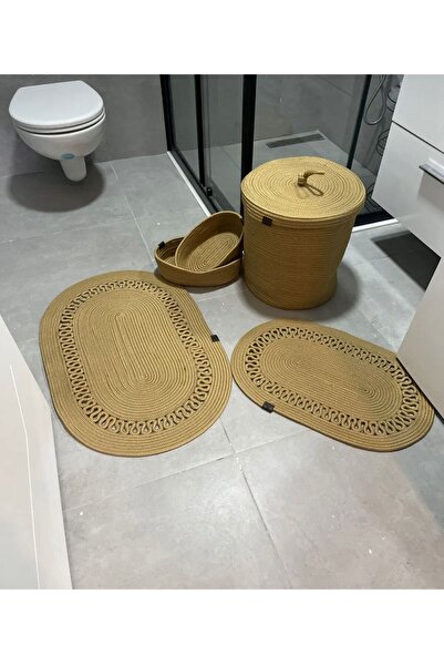 JÜTEX HOME Σετ 5 χαλάκια μπάνιου από γιούτα και ψάθινο - Καλάθι σε στυλ Bohem...