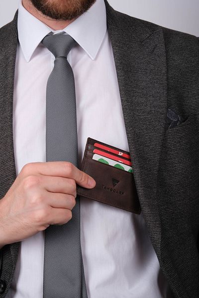 TANGCARF Γνήσιο δέρμα ανδρικό πορτοφόλι θήκης καρτών Rfid Protected Χειροποίητο και λεπτό σχέδιο καφέ