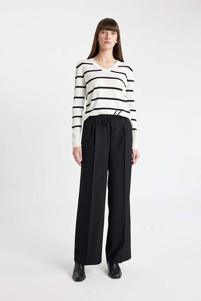 DeFacto Relax Fit V-Neck Soft Textured Striped Knitwear Sweater 3113229
