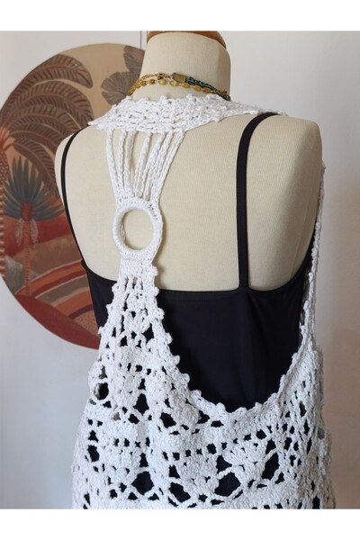 Hippybutik Beyaz Kemik Karma Koton Ip Tığ Dokuma Dantel Tasarım Mayo Üstü Par...