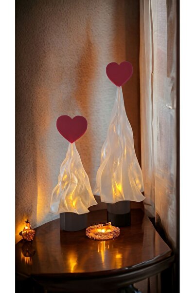 Maflen Led Mum Işıklı Sevgililer Günü Kalpli Çam Ağacı Dekoratif Biblo 17cm & 25cm 2li Set