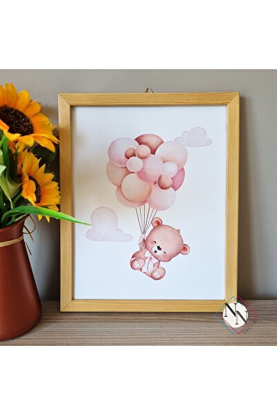 NN DECOR Oyuncak Ayı ve Gökyüzü Temalı 3'lü Set - Pembe-Doğal Ahşap Çerçeveli,Bebek Ve Çocuk Odası Tablo Seti