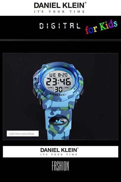 Daniel Klein Light Blue Camouflage Children's Wristwatch with Alarm and Stopwatch, 7 Different Lights, for Ages 8-12