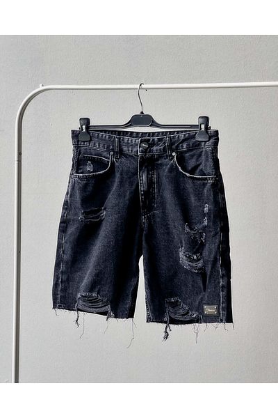THIMOON Men's Black Denim Shorts - Laser Ripped