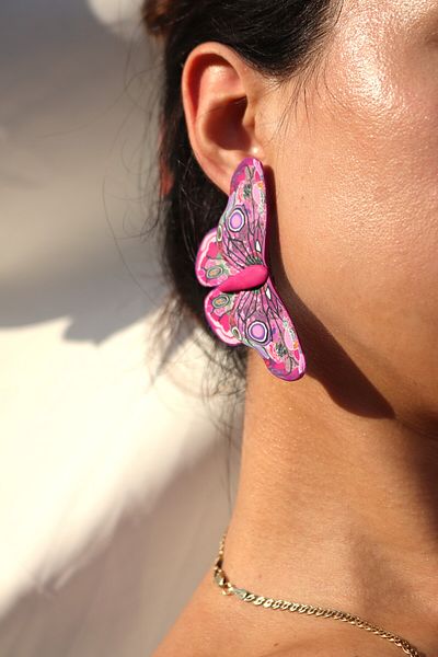 Gizy Store Pink Big Butterfly Earrings - Polymer Clay Handmade Studded