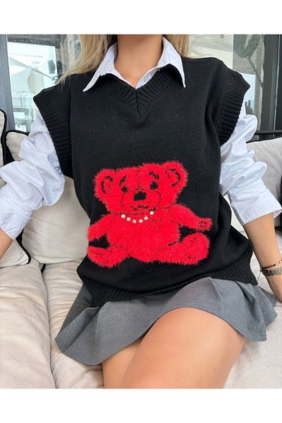 B2K FASHION Black Red Teddy Bear Stone Detailed V-Neck Oversize Sweater