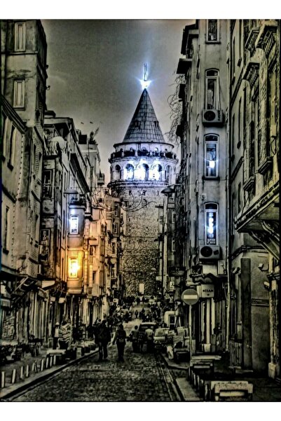 Haki Alışveriş Dünyası Kanvas Tablo Siyah Beyaz Galata Kulesi Led Işıklı Duvar Led'li