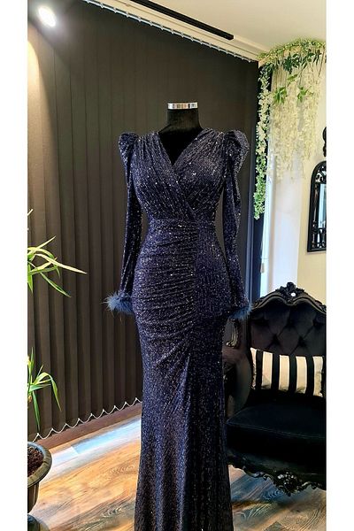 makbuleofficial Navy Blue Sequin Fabric Double Breasted Collar, Slit, Fish Dress