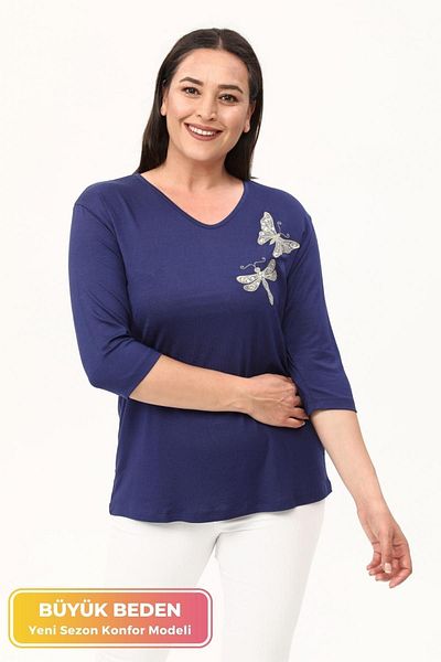 tarzımsüper New Season Plus Size Comfortable Stretchy Butterfly Embroidered Patterned Half Sleeve Blouse