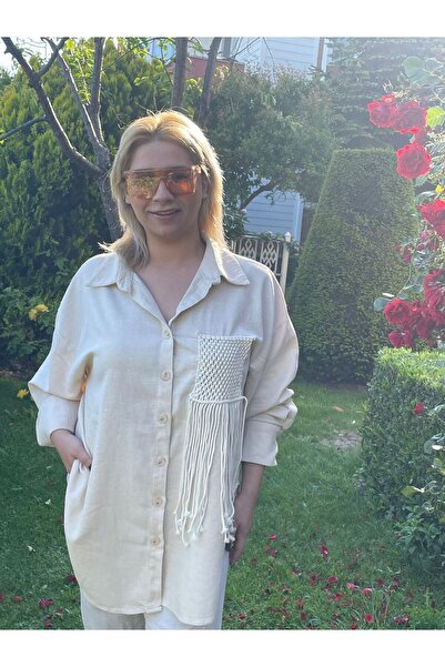 Gokilibutik taş rengi cep örgü detay keten gömlek