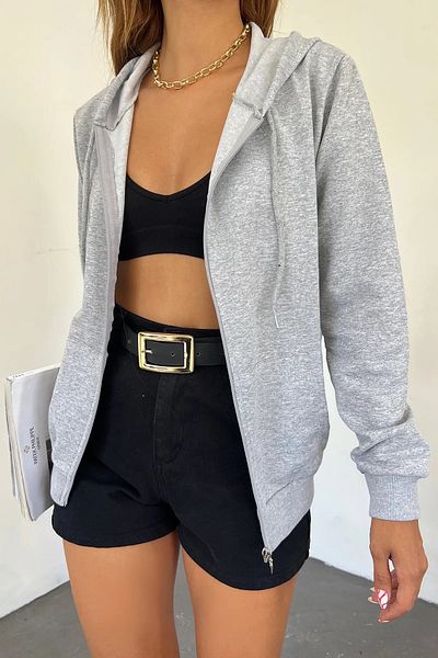 kozzy Unisex Oversize γκρι χτενισμένο βαμβακερό φούτερ - Τσέπη καγκουρό με φερμουάρ και κουκούλα