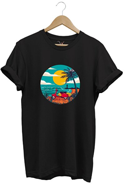 WİDİ Vintage Sun Sea Scooter Motocikl Poster Štampano 100% pamuk Majica