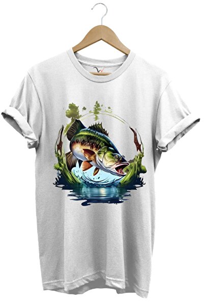 WİDİ Tricou cu imprimeu de biban de pescuit - Natură și mare, 100% bumbac, cu...