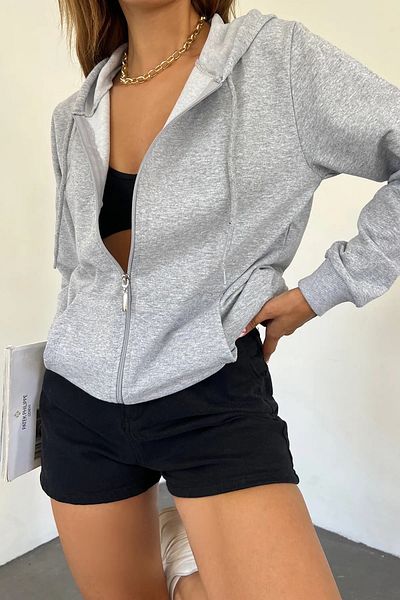 kozzy Unisex Oversize γκρι χτενισμένο βαμβακερό φούτερ - Τσέπη καγκουρό με φερμουάρ και κουκούλα