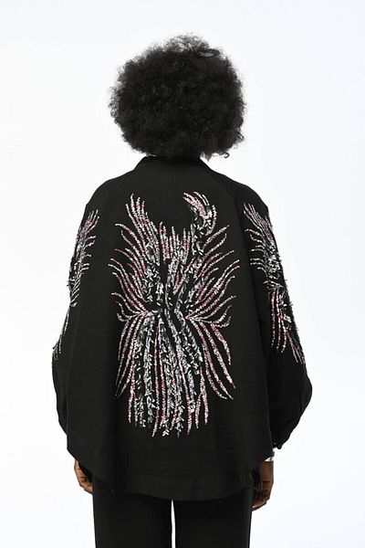 Orfeo Negro Black Embroidered Kimono Jacket - Women'S, Embroidered Style