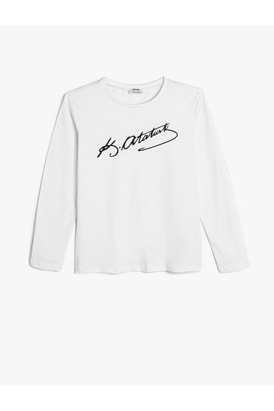 Koton Ataturk Signed Cotton Long Sleeve T-shirt - Crew Neck