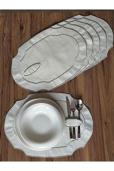 NURHAN HOME COLLECTION 6 τεμάχια ασημί χρώμα κεντημένο οβάλ αμερικανικό πιάτο σερβιρίσματος με κουτάλι