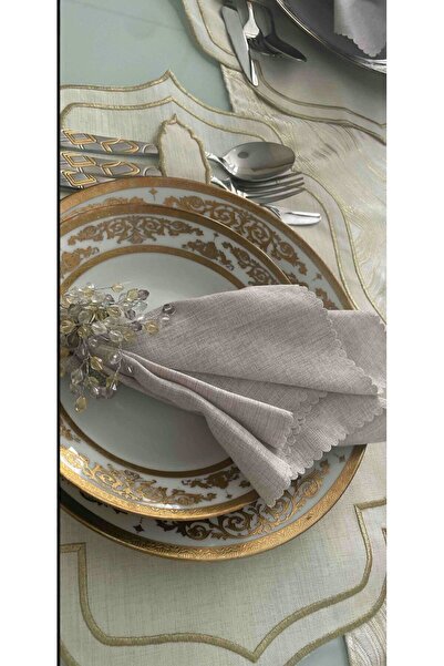 NURHAN HOME COLLECTION 6 Adet Çift Sıra Gold Nakışlı Kaşıklıklı Amerikan Servis Supla