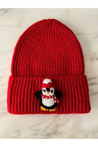 DEAR HOME Red Wool Luxury Beret Beanie with Penguin Punch Detail