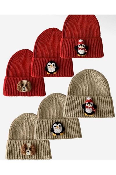 DEAR HOME Red Wool Luxury Beret Beanie with Penguin Punch Detail