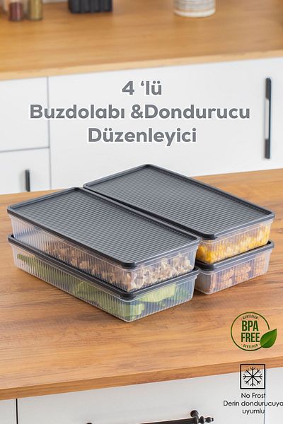 Porsima 1101 4-Piece Refrigerator Set - Anthracite Freezer-Microwave Compatible 2 Lt Freezer Storage Container