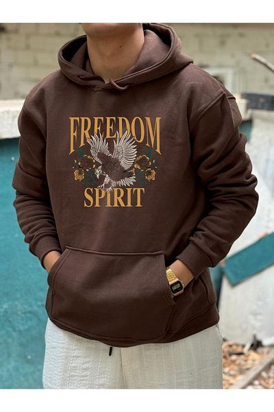 DEEPSENCE Φούτερ με στάμπα FREEDOM Unisex με κουκούλα Oversize - Καφέ