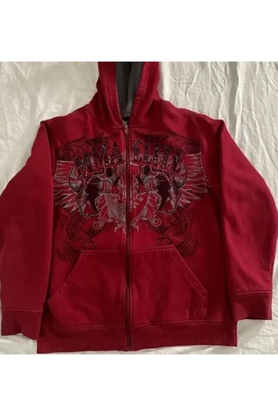 Köstebek Gothic Skull Patterned Zippered Hooded Sweatshirt