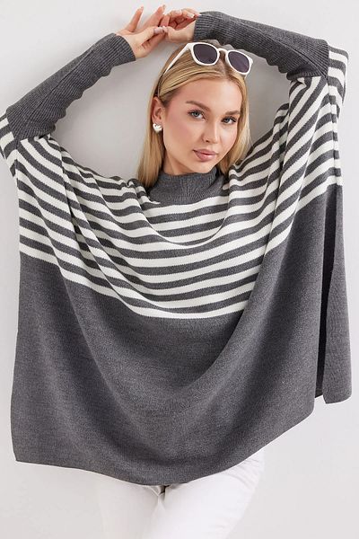 İKLİM LİFE Anthracite Striped Slit Poncho Sweater