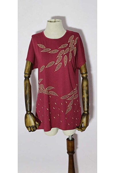 akgül giyim نموذج بلوزة الأم من القطن الممشط المطبوع بأكمام قصيرة ومرصع بالأح...