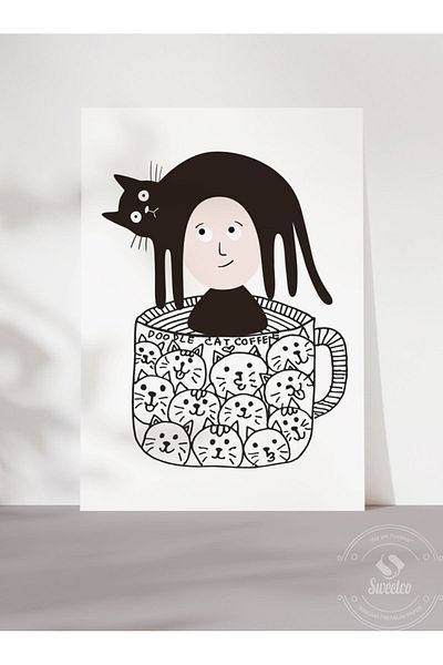 Sweetco Αφίσα χωρίς πλαίσιο Doodle Cat Coffee |   Αφίσα Καφέ Καφέ Γάτα