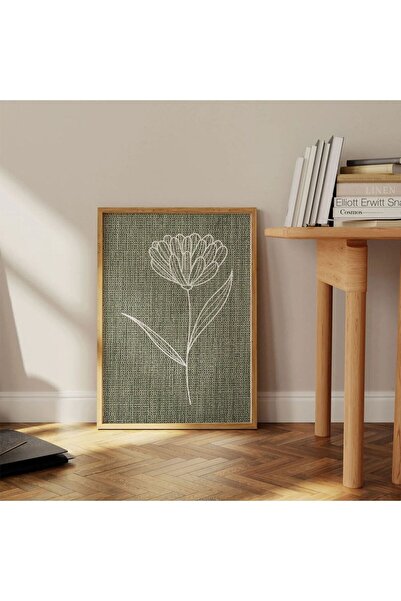Sweetco Green Line Flower Çerçevesiz Poster | Beyaz Çizgi Çiçekler Posteri