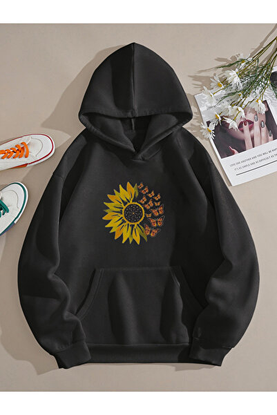 khufu Hanorac negru cu glugă cu imprimeu fluture margaretă