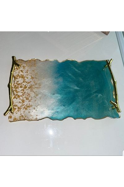 Lemur Sineklik Gold Leaf Rectangular Wavy Patterned Promise Engagement Groom Epoxy Presentation Tray for Two