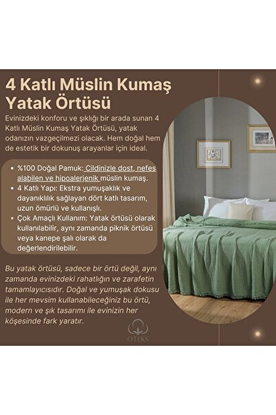 OTEXSA Haki Yeşili 4 Kat Müslin Tek Kişilik Yatak Örtüsü - Pike (160 X 200CM)