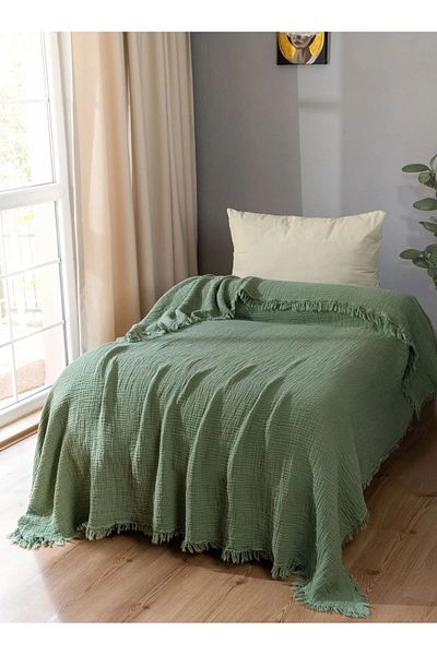 OTEXSA Khaki Green Single Muslin Bedspread - Pique (160X200Cm)