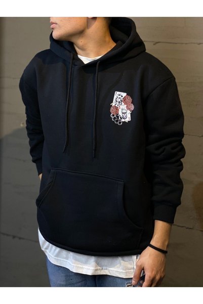 DEEPSENCE Erkek  Siyah Kapüşonlu Sweatshirt RoseSkul Sırt Baskılı