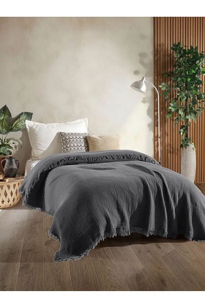 OTEXSA Anthracite Single Muslin Bedspread - 4 Layers (160X200Cm)