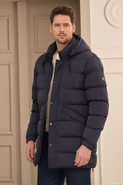 Danger Ανδρικό μακρύ πουπουλένιο παλτό Navy Blue - Παλτό με κουκούλα