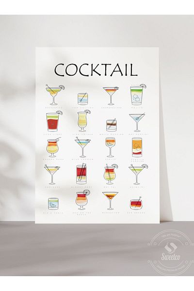Sweetco Καλλιτεχνική αφίσα Cocktail Guide |   Κοκτέιλ Οδηγός Μπαρ Κουζίνας Αφίσα ποτών