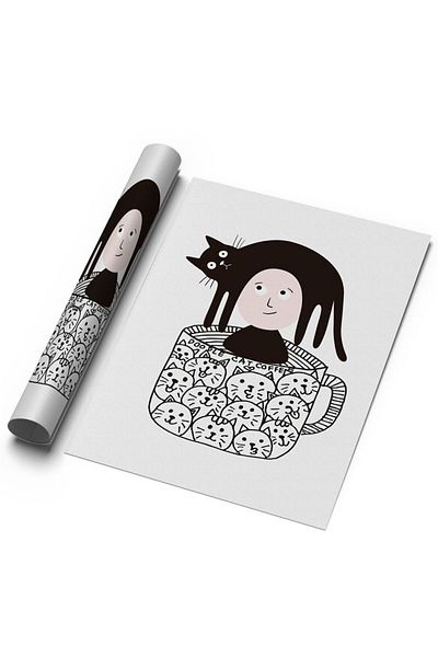 Sweetco Αφίσα χωρίς πλαίσιο Doodle Cat Coffee |   Αφίσα Καφέ Καφέ Γάτα