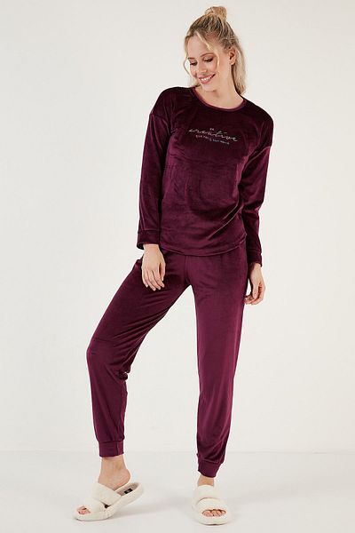 Lela Regular Fit Soft Textured Velvet Pajamas Set Pyjamas Set 6094200 W4