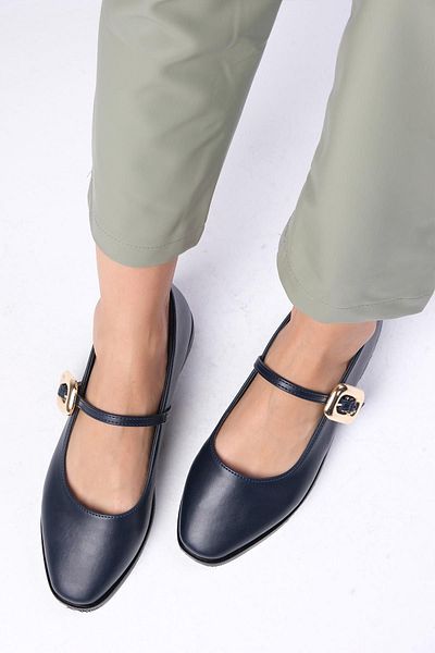 Mio Gusto Camille Navy Blue Women's Ballerinas - Side Buckle Shoes
