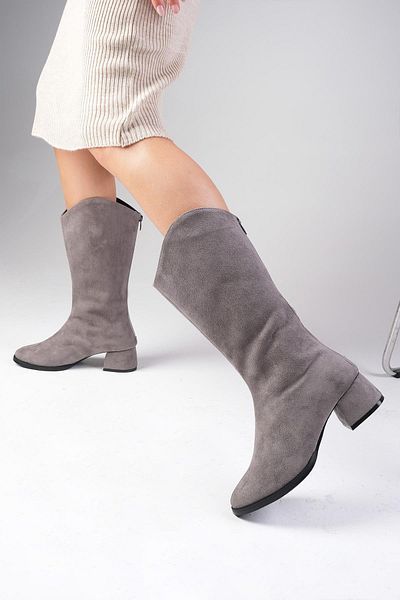 Mio Gusto Fabia Gray Color Suede Women's Below the Knee Boots