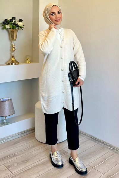İKLİM LİFE Ecru V-Neck Knitwear Cardigan - Buttoned