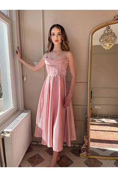 Genel Markalar Organze Saten Midi Boy Askılı Elbise Düğün Nişanlık Mezuniyet